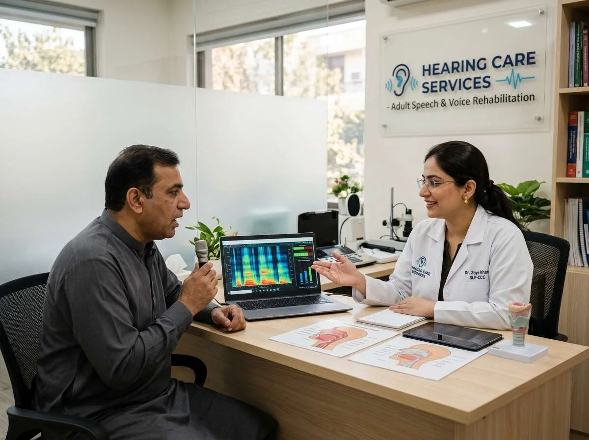 Speech-Language Pathologist working with an adult patient during voice spectrogram analysis and stroke recovery therapy - Hearing Care Services