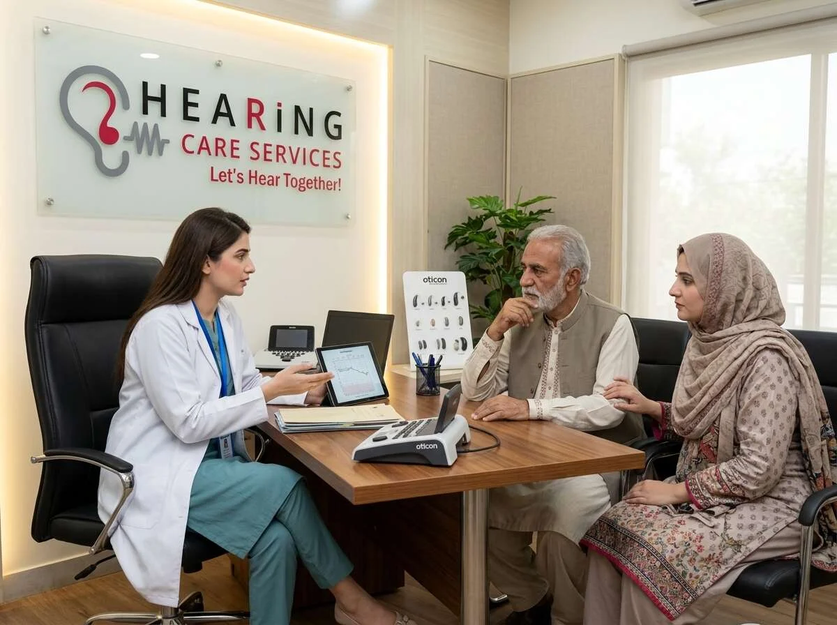 Audiologist explaining ear anatomy and test results to a patient
