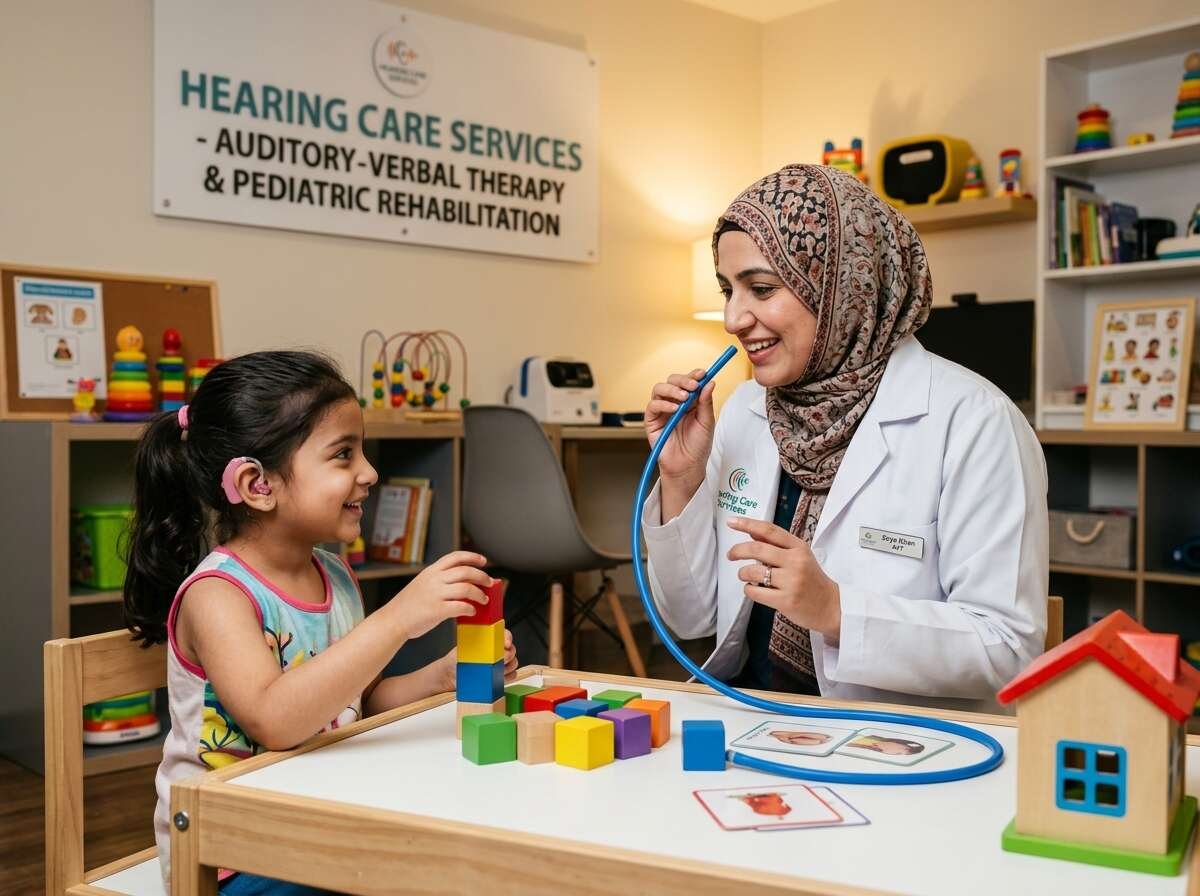 Certified Auditory-Verbal Therapist conducting listening and language development with child wearing hearing aid - Hearing Care Services