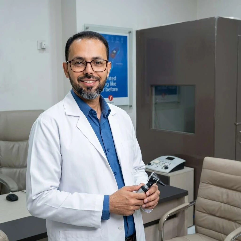 Certified audiologist doctor in white coat at Hearing Care Services clinic