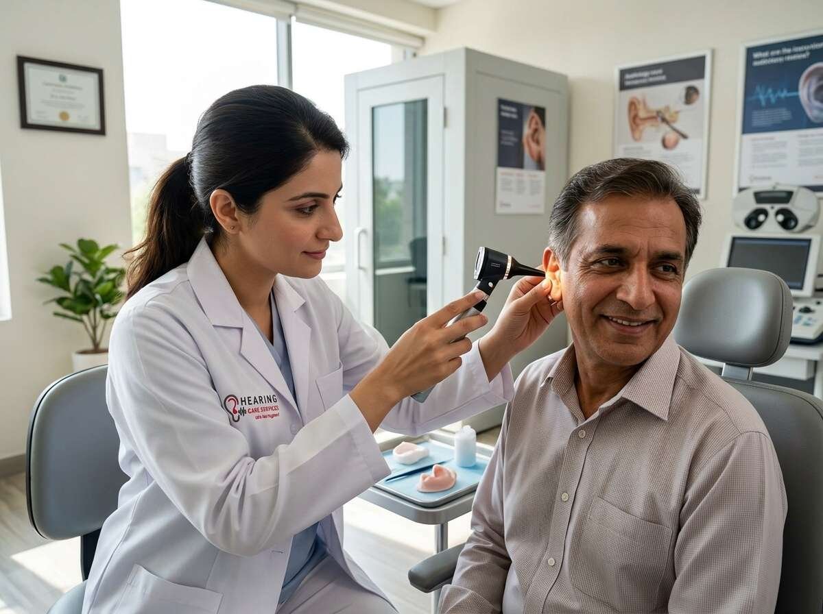 Doctor checking an older man's ear during an appointment