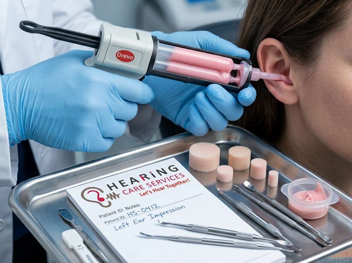 Clinic desk with pen, earring holder and laptop — ear impression procedure