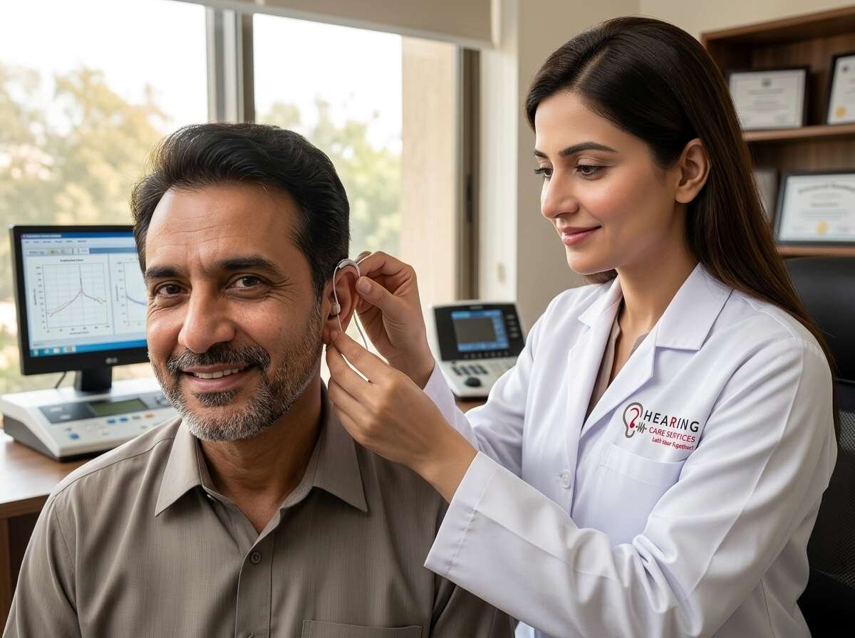Audiologist carefully calibrating and fitting a hearing aid on a patient