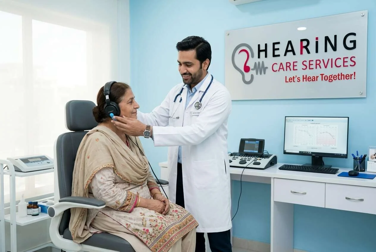 HCPC Audiologist conducting a hearing test on a patient