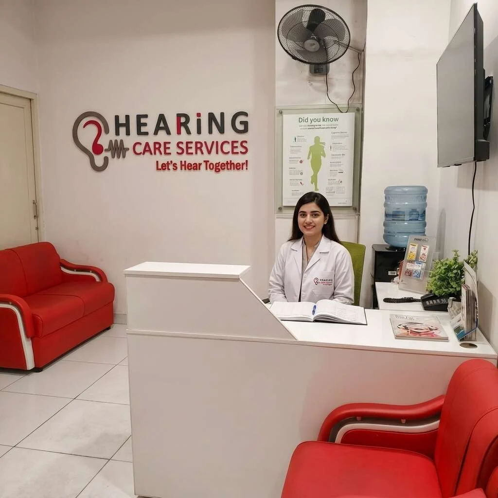 Assistant doctor at Hearing Care Services reception desk