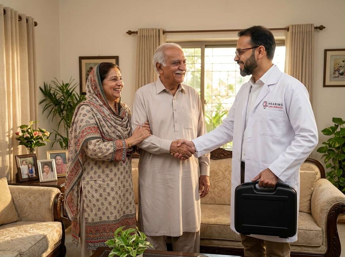 Senior citizen couple smiling and consulting with home visit audiologist in comfortable living room