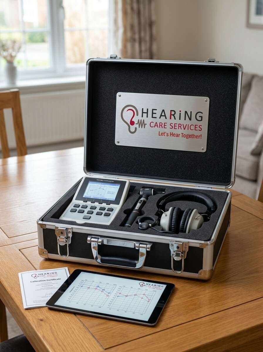 Clinical portable audiometer diagnostic kit and video otoscope open on table in living room