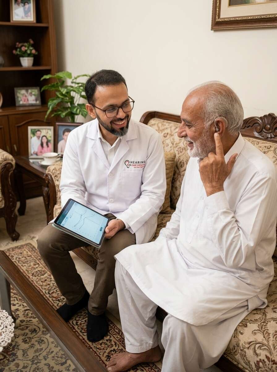 Audiologist calibrating digital hearing aid settings for senior patient on living room sofa