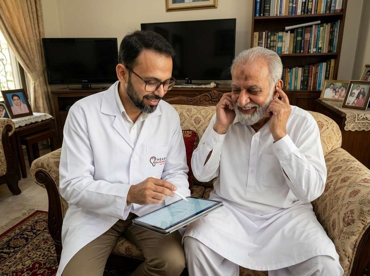 Mobile Audiology and Home Hearing Care specialist consultation with patient in comfortable living room