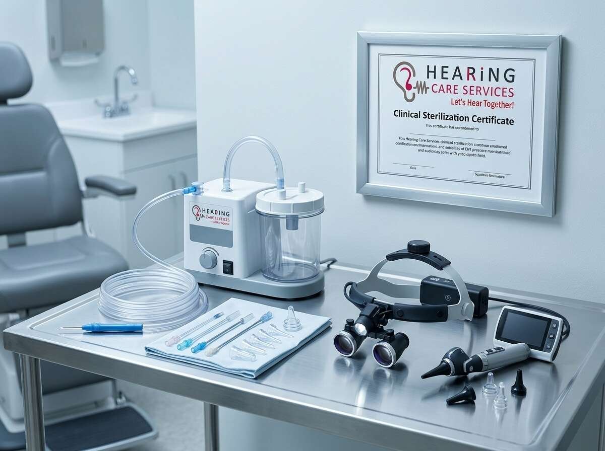 Portable microsuction earwax removal equipment set neatly on medical tray