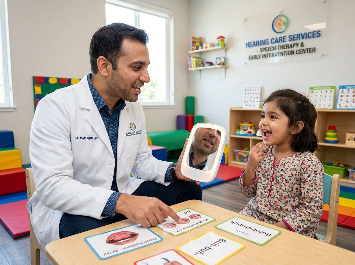 Pakistani pediatric speech therapist conducting phonetic sound articulation and mirror therapy with young child - Hearing Care Services