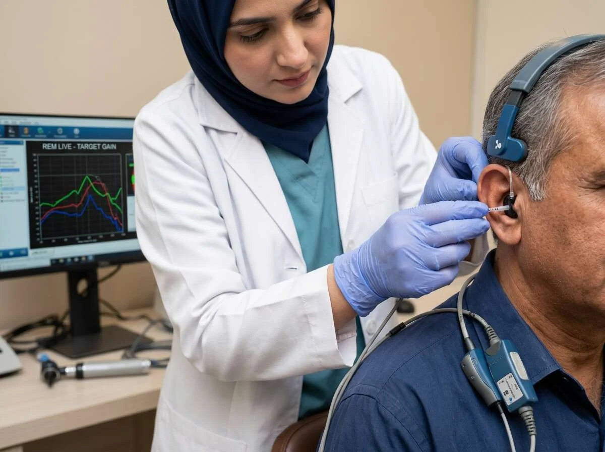 Audiologist performing Real-Ear Measurement probe tube verification on patient