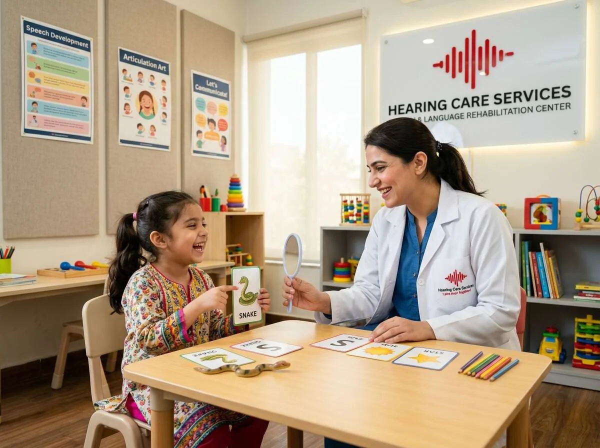 Pakistani Speech-Language Pathologist conducting an engaging pediatric speech therapy session at Hearing Care Services