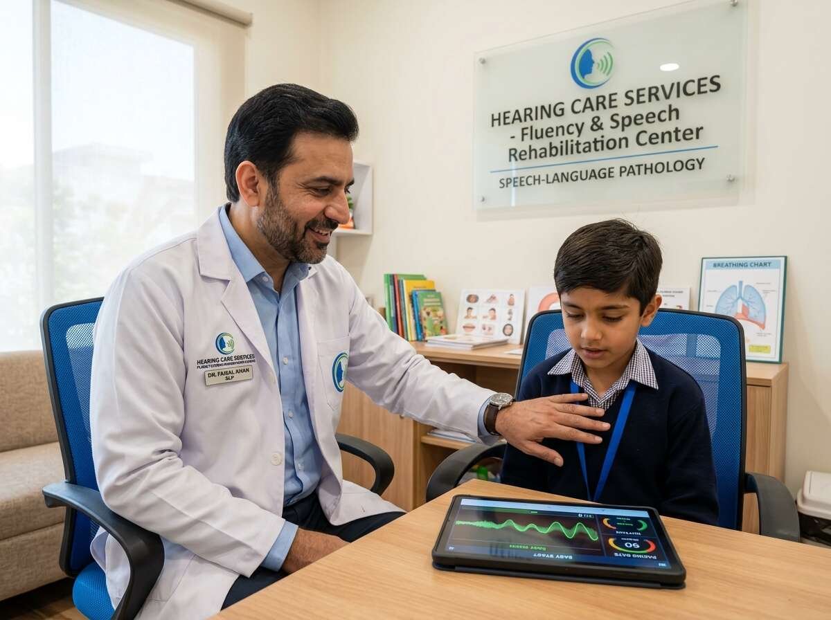 Pakistani Speech Pathologist teaching breathing coordination and fluency therapy to a student - Hearing Care Services