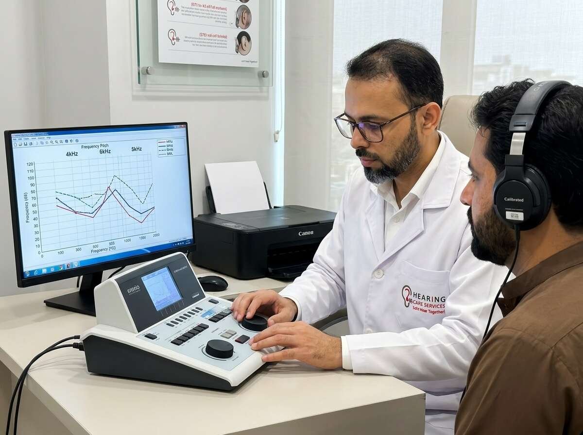 Clinical audiologist using an audiometer console to match a patient's tinnitus pitch and loudness