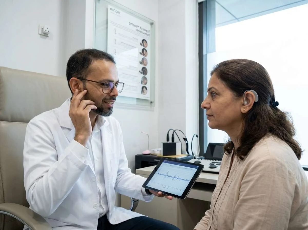 Compassionate South Asian audiologist in Lahore clinic explaining tinnitus sound therapy to South Asian male patient using diagnostic tablet