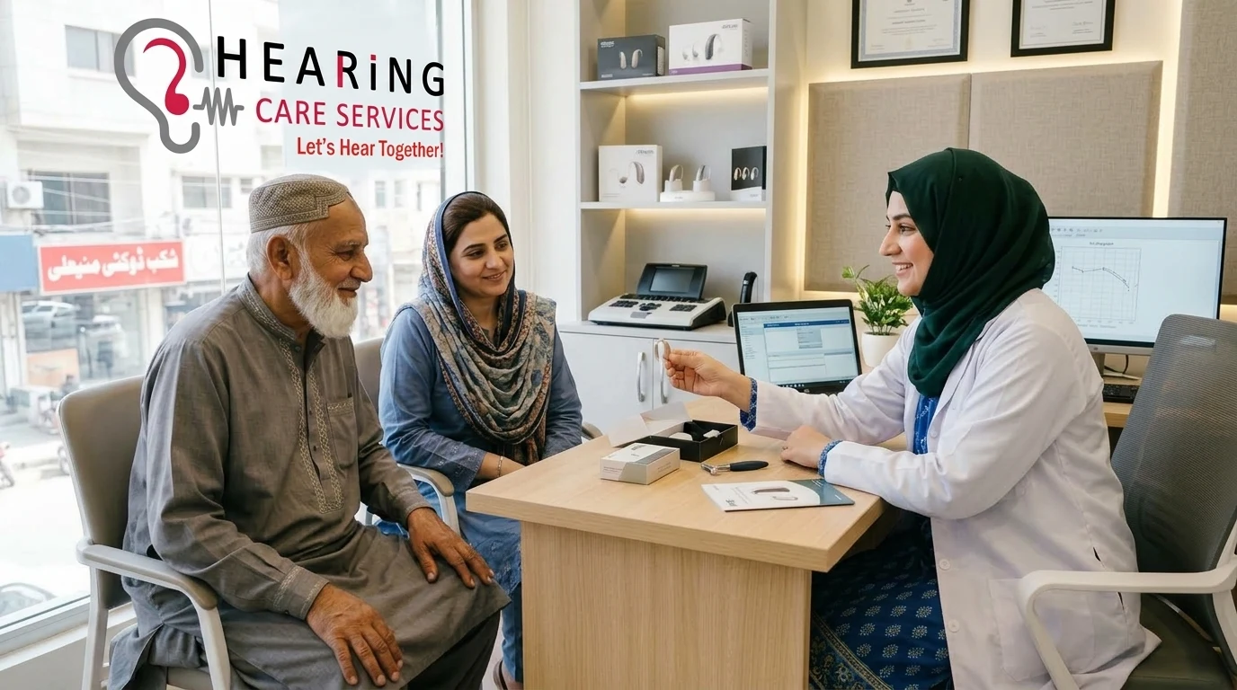 Certified Audiologist Demonstrating Affordable Hearing Aid To Elderly Pakistani Patient And Family In Clinic