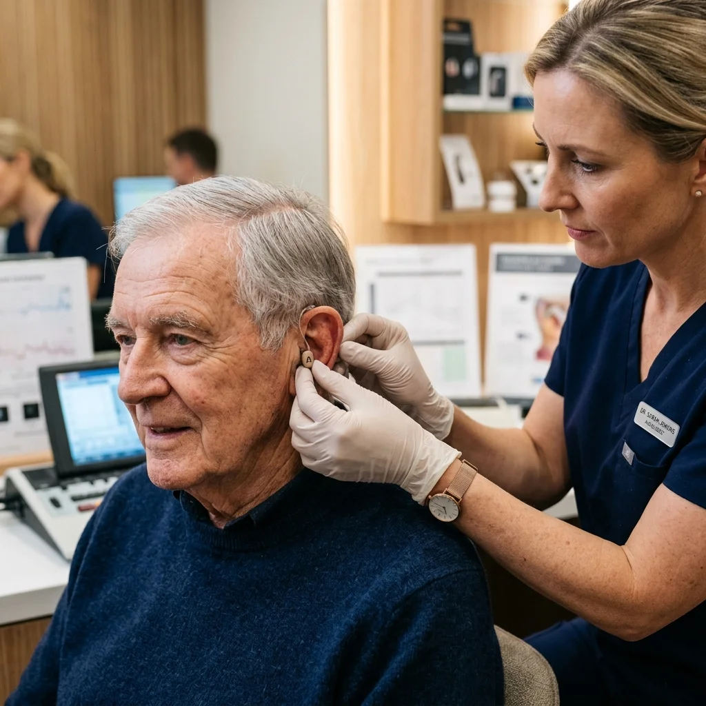Audiologist doctor carefully fitting a modern discreet hearing aid for an elderly patient